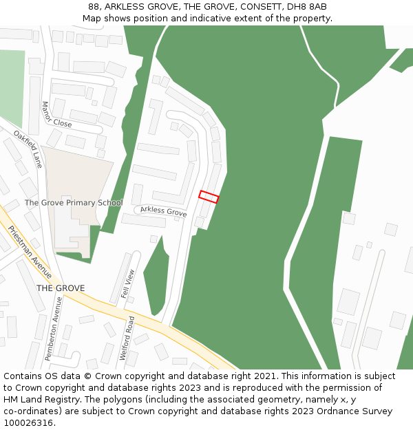 88, ARKLESS GROVE, THE GROVE, CONSETT, DH8 8AB: Location map and indicative extent of plot