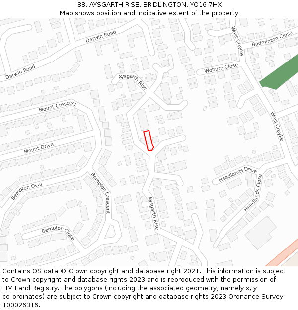 88, AYSGARTH RISE, BRIDLINGTON, YO16 7HX: Location map and indicative extent of plot