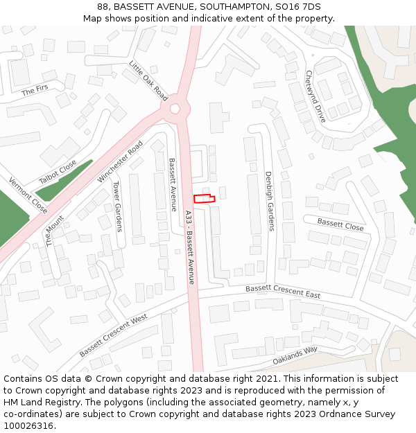 88, BASSETT AVENUE, SOUTHAMPTON, SO16 7DS: Location map and indicative extent of plot