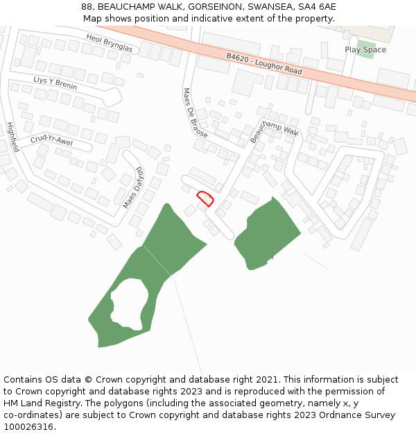 88, BEAUCHAMP WALK, GORSEINON, SWANSEA, SA4 6AE: Location map and indicative extent of plot