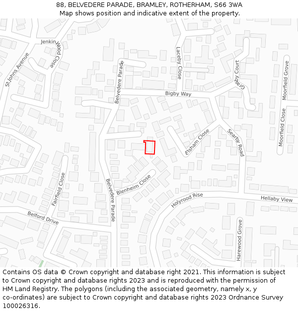 88, BELVEDERE PARADE, BRAMLEY, ROTHERHAM, S66 3WA: Location map and indicative extent of plot