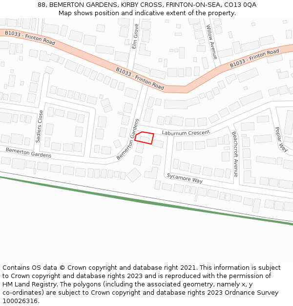 88, BEMERTON GARDENS, KIRBY CROSS, FRINTON-ON-SEA, CO13 0QA: Location map and indicative extent of plot