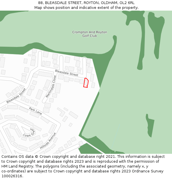 88, BLEASDALE STREET, ROYTON, OLDHAM, OL2 6RL: Location map and indicative extent of plot