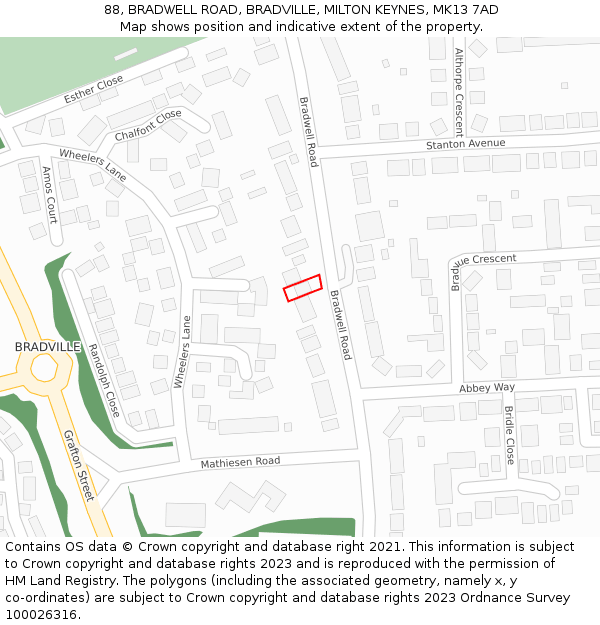 88, BRADWELL ROAD, BRADVILLE, MILTON KEYNES, MK13 7AD: Location map and indicative extent of plot