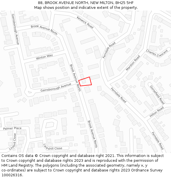 88, BROOK AVENUE NORTH, NEW MILTON, BH25 5HF: Location map and indicative extent of plot