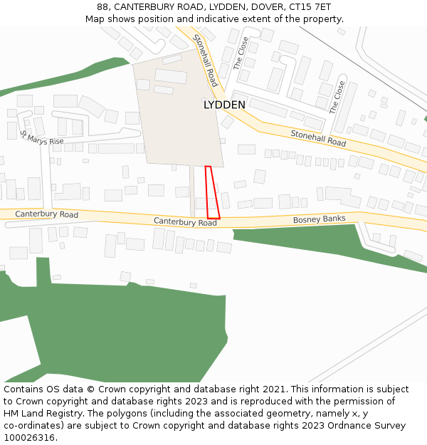 88, CANTERBURY ROAD, LYDDEN, DOVER, CT15 7ET: Location map and indicative extent of plot