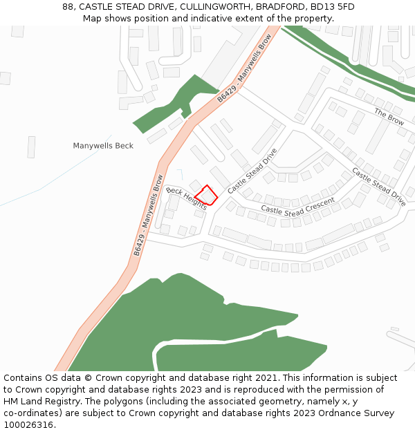 88, CASTLE STEAD DRIVE, CULLINGWORTH, BRADFORD, BD13 5FD: Location map and indicative extent of plot