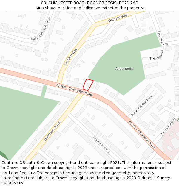 88, CHICHESTER ROAD, BOGNOR REGIS, PO21 2AD: Location map and indicative extent of plot