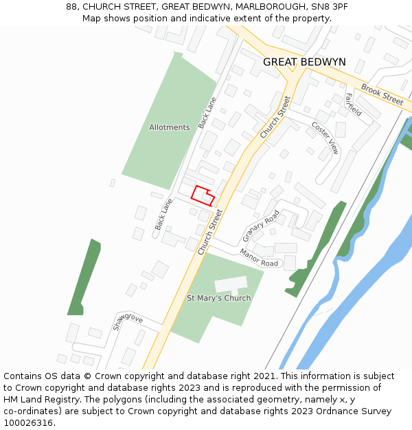 88, CHURCH STREET, GREAT BEDWYN, MARLBOROUGH, SN8 3PF: Location map and indicative extent of plot