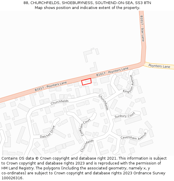 88, CHURCHFIELDS, SHOEBURYNESS, SOUTHEND-ON-SEA, SS3 8TN: Location map and indicative extent of plot