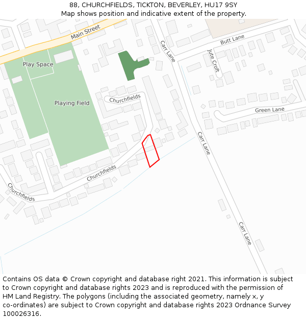 88, CHURCHFIELDS, TICKTON, BEVERLEY, HU17 9SY: Location map and indicative extent of plot