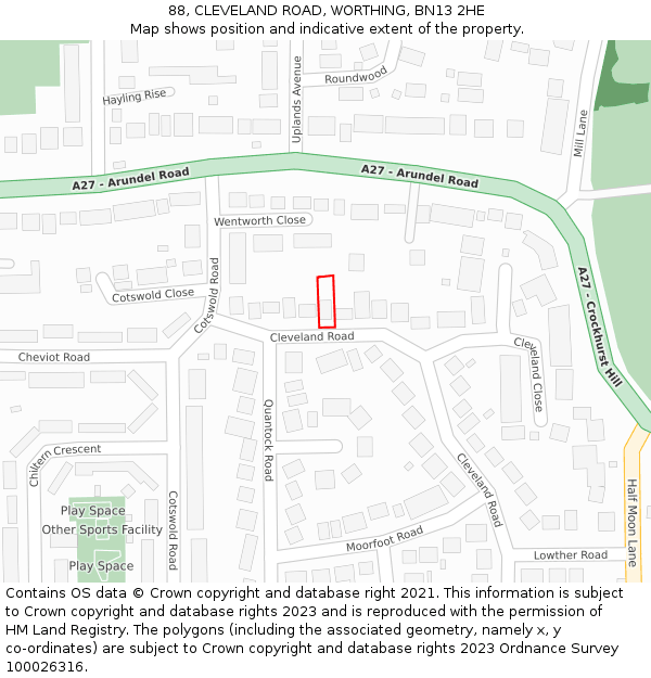 88, CLEVELAND ROAD, WORTHING, BN13 2HE: Location map and indicative extent of plot