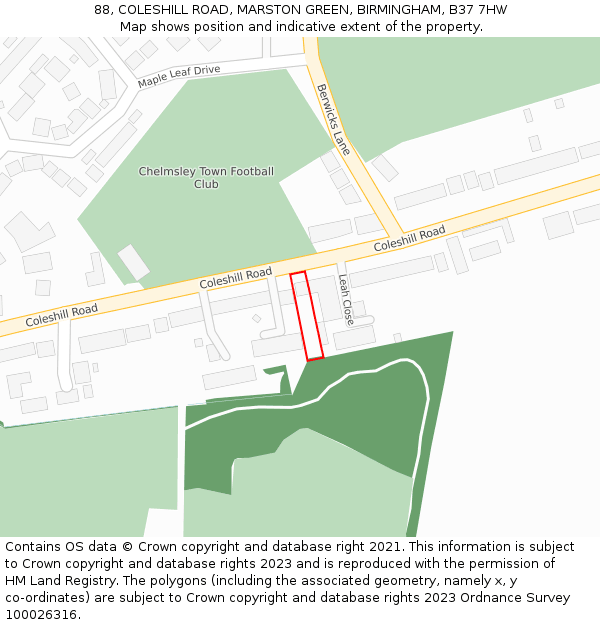 88, COLESHILL ROAD, MARSTON GREEN, BIRMINGHAM, B37 7HW: Location map and indicative extent of plot