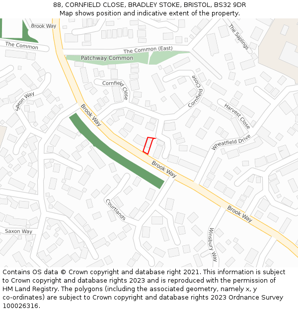 88, CORNFIELD CLOSE, BRADLEY STOKE, BRISTOL, BS32 9DR: Location map and indicative extent of plot