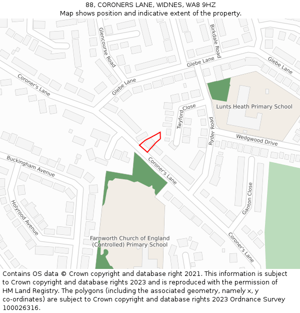 88, CORONERS LANE, WIDNES, WA8 9HZ: Location map and indicative extent of plot