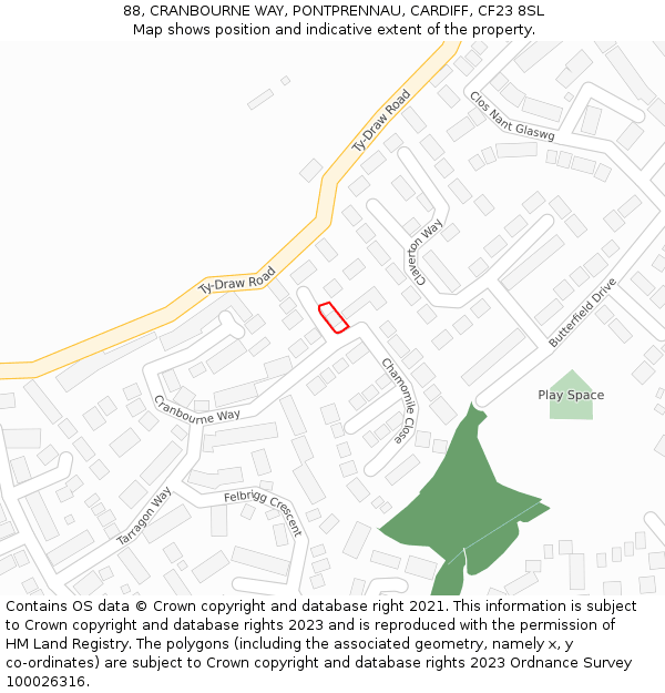 88, CRANBOURNE WAY, PONTPRENNAU, CARDIFF, CF23 8SL: Location map and indicative extent of plot