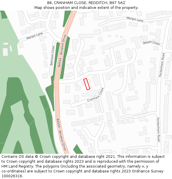 88, CRANHAM CLOSE, REDDITCH, B97 5AZ: Location map and indicative extent of plot