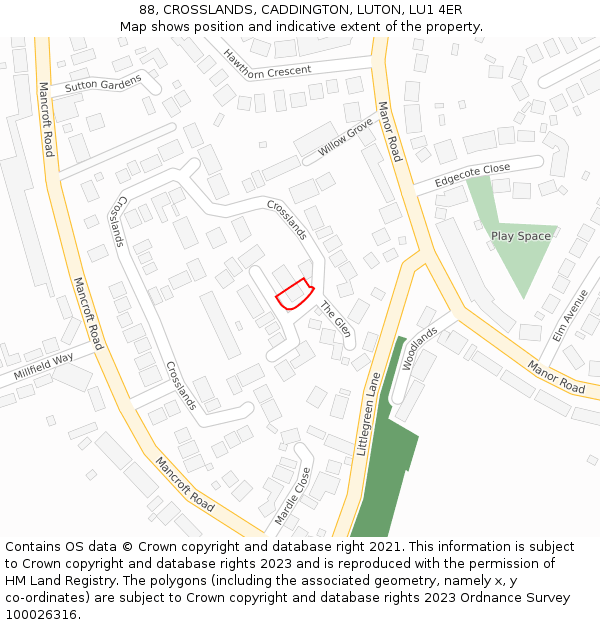 88, CROSSLANDS, CADDINGTON, LUTON, LU1 4ER: Location map and indicative extent of plot