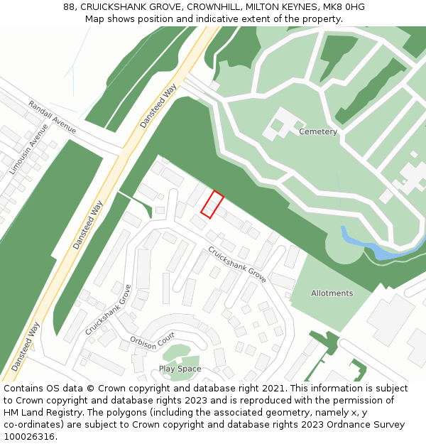 88, CRUICKSHANK GROVE, CROWNHILL, MILTON KEYNES, MK8 0HG: Location map and indicative extent of plot