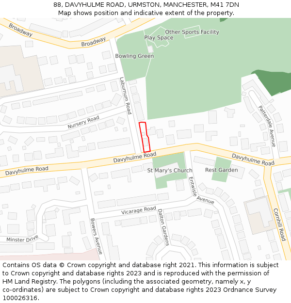 88, DAVYHULME ROAD, URMSTON, MANCHESTER, M41 7DN: Location map and indicative extent of plot