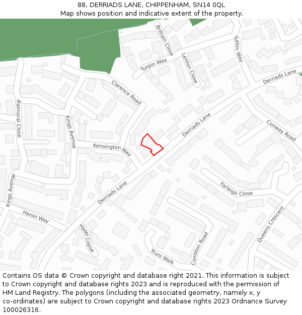 88, DERRIADS LANE, CHIPPENHAM, SN14 0QL: Location map and indicative extent of plot