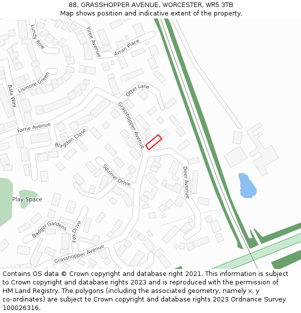 88, GRASSHOPPER AVENUE, WORCESTER, WR5 3TB: Location map and indicative extent of plot