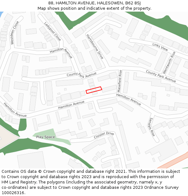 88, HAMILTON AVENUE, HALESOWEN, B62 8SJ: Location map and indicative extent of plot