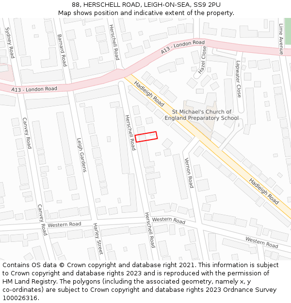 88, HERSCHELL ROAD, LEIGH-ON-SEA, SS9 2PU: Location map and indicative extent of plot