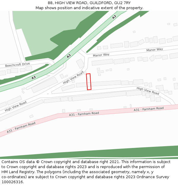 88, HIGH VIEW ROAD, GUILDFORD, GU2 7RY: Location map and indicative extent of plot