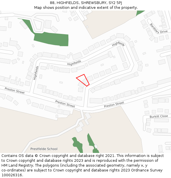 88, HIGHFIELDS, SHREWSBURY, SY2 5PJ: Location map and indicative extent of plot