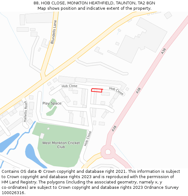 88, HOB CLOSE, MONKTON HEATHFIELD, TAUNTON, TA2 8GN: Location map and indicative extent of plot