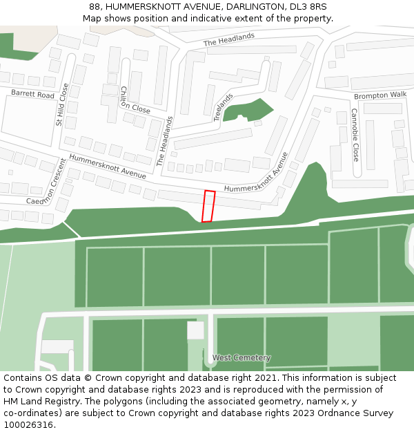 88, HUMMERSKNOTT AVENUE, DARLINGTON, DL3 8RS: Location map and indicative extent of plot