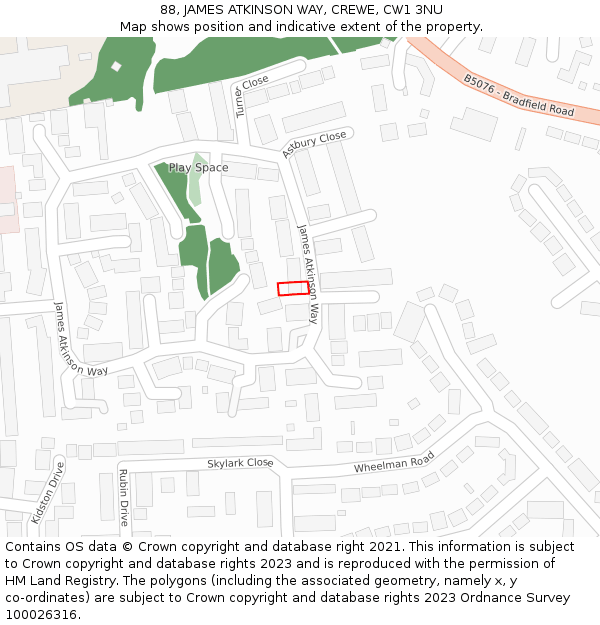 88, JAMES ATKINSON WAY, CREWE, CW1 3NU: Location map and indicative extent of plot