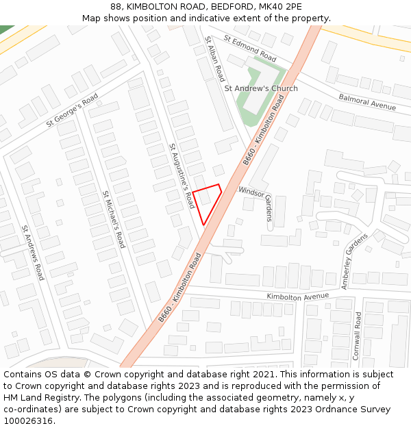 88, KIMBOLTON ROAD, BEDFORD, MK40 2PE: Location map and indicative extent of plot