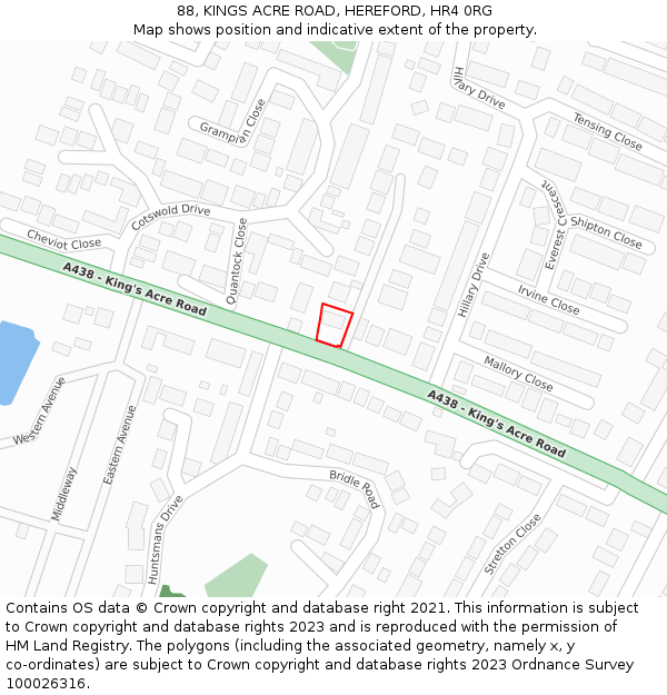 88, KINGS ACRE ROAD, HEREFORD, HR4 0RG: Location map and indicative extent of plot