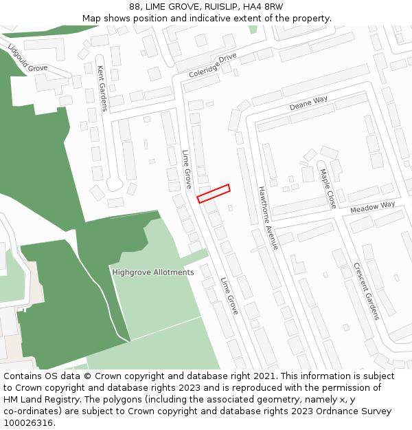 88, LIME GROVE, RUISLIP, HA4 8RW: Location map and indicative extent of plot