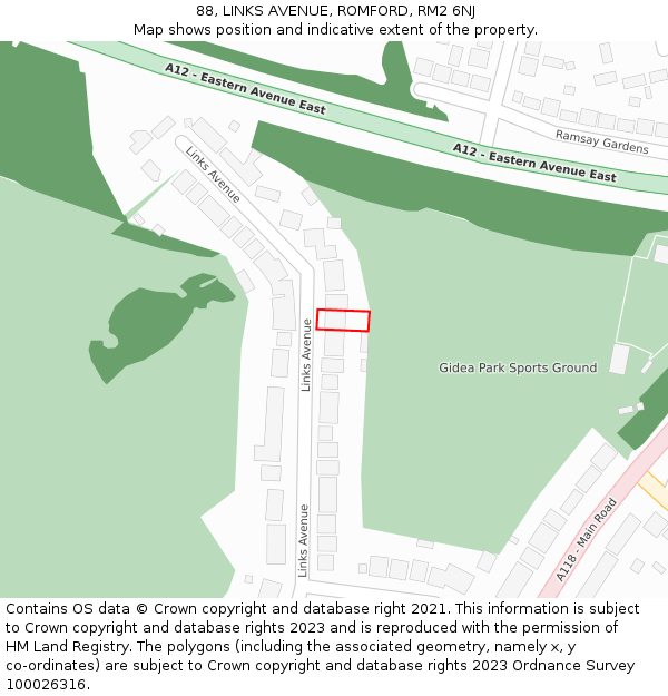 88, LINKS AVENUE, ROMFORD, RM2 6NJ: Location map and indicative extent of plot