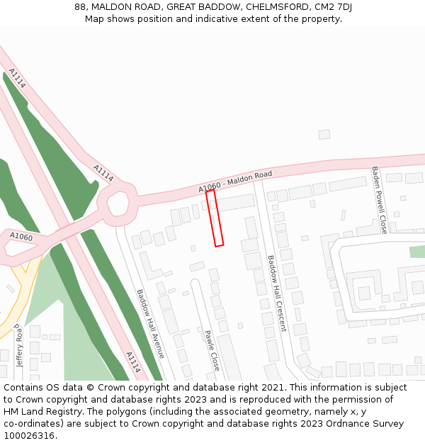 88, MALDON ROAD, GREAT BADDOW, CHELMSFORD, CM2 7DJ: Location map and indicative extent of plot