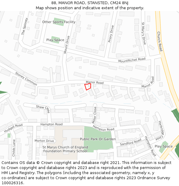 88, MANOR ROAD, STANSTED, CM24 8NJ: Location map and indicative extent of plot