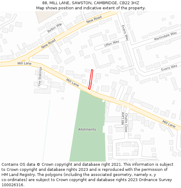 88, MILL LANE, SAWSTON, CAMBRIDGE, CB22 3HZ: Location map and indicative extent of plot