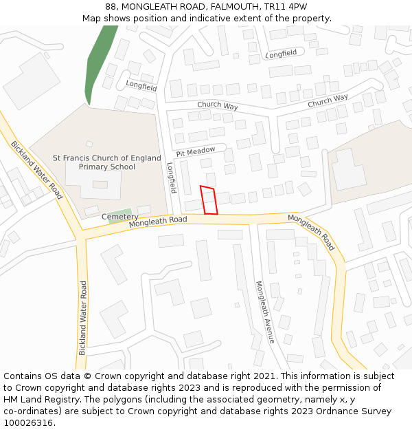 88, MONGLEATH ROAD, FALMOUTH, TR11 4PW: Location map and indicative extent of plot