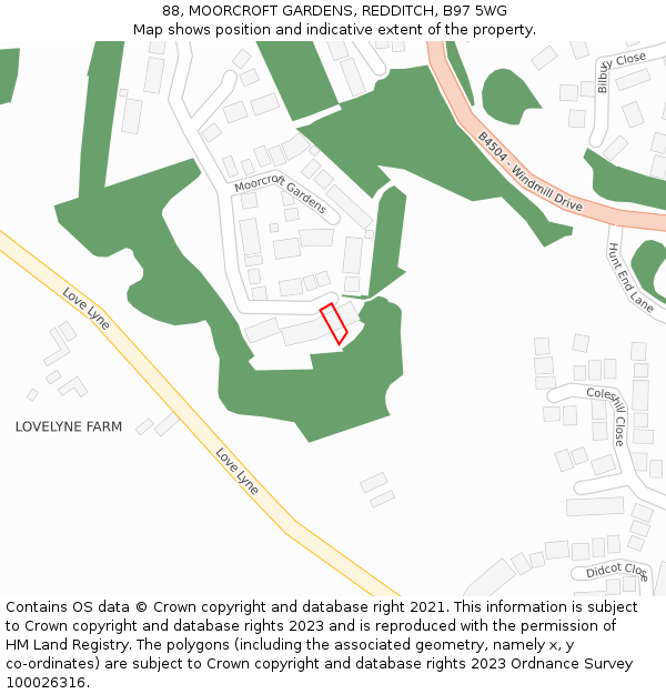 88, MOORCROFT GARDENS, REDDITCH, B97 5WG: Location map and indicative extent of plot