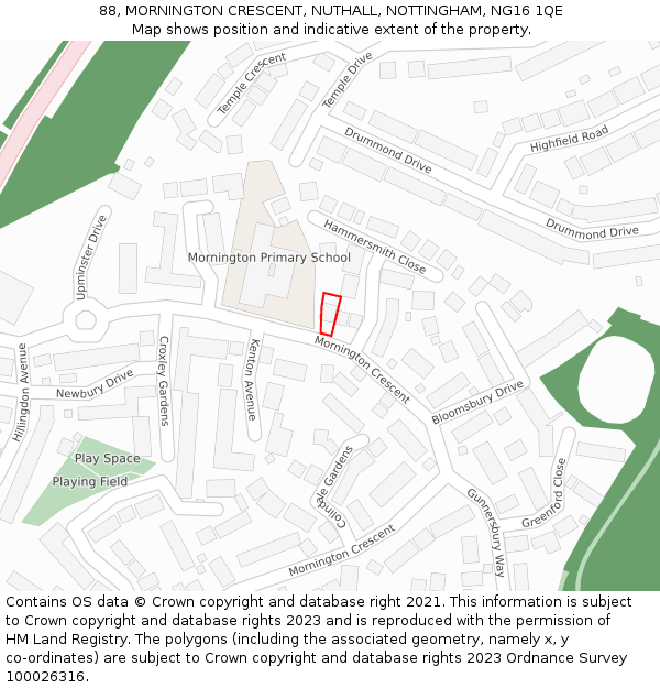 88, MORNINGTON CRESCENT, NUTHALL, NOTTINGHAM, NG16 1QE: Location map and indicative extent of plot