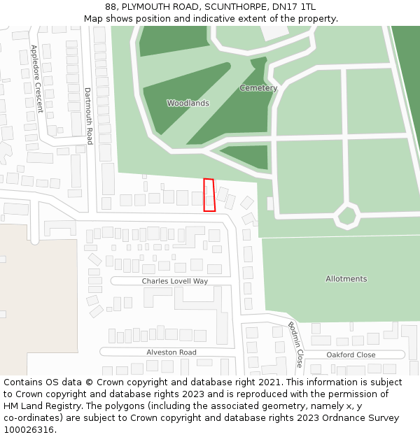 88, PLYMOUTH ROAD, SCUNTHORPE, DN17 1TL: Location map and indicative extent of plot