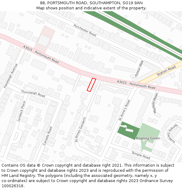 88, PORTSMOUTH ROAD, SOUTHAMPTON, SO19 9AN: Location map and indicative extent of plot