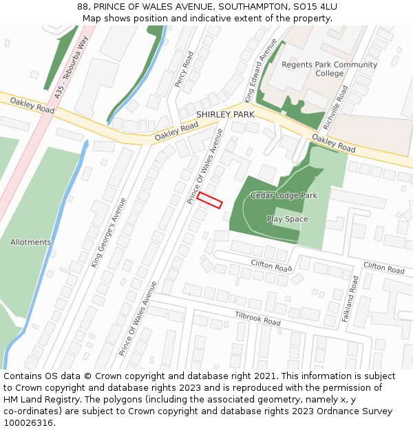 88, PRINCE OF WALES AVENUE, SOUTHAMPTON, SO15 4LU: Location map and indicative extent of plot