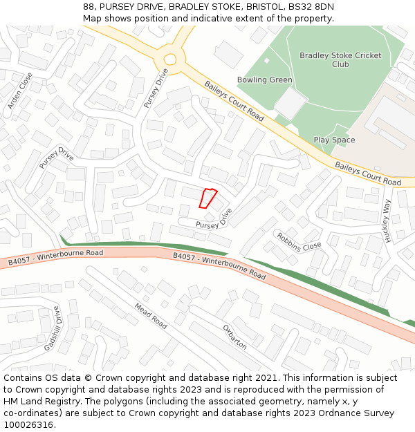 88, PURSEY DRIVE, BRADLEY STOKE, BRISTOL, BS32 8DN: Location map and indicative extent of plot