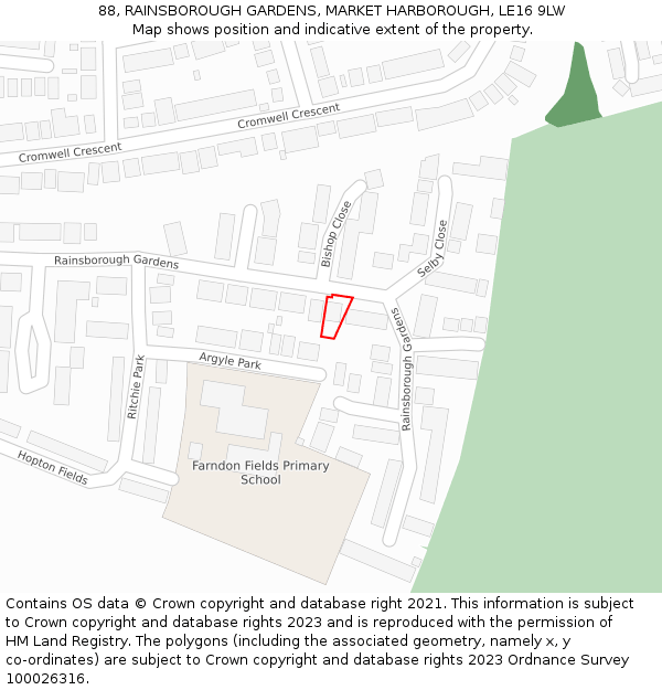 88, RAINSBOROUGH GARDENS, MARKET HARBOROUGH, LE16 9LW: Location map and indicative extent of plot