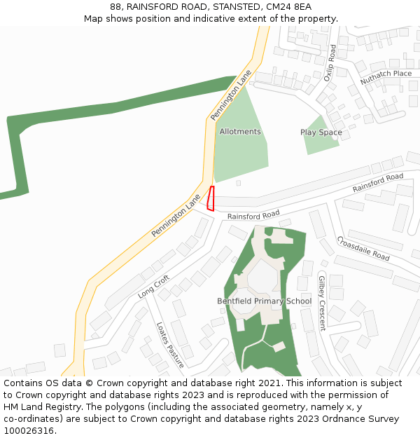 88, RAINSFORD ROAD, STANSTED, CM24 8EA: Location map and indicative extent of plot