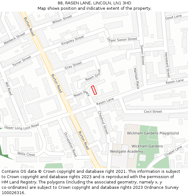 88, RASEN LANE, LINCOLN, LN1 3HD: Location map and indicative extent of plot